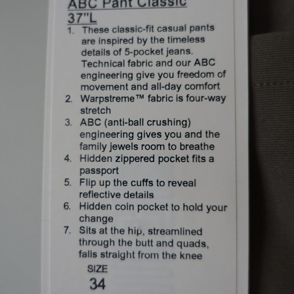 Lululemon Warpstreme ABC Pant Classic 37"L inseam Tall Size 34 Nomd - Picture 9 of 12